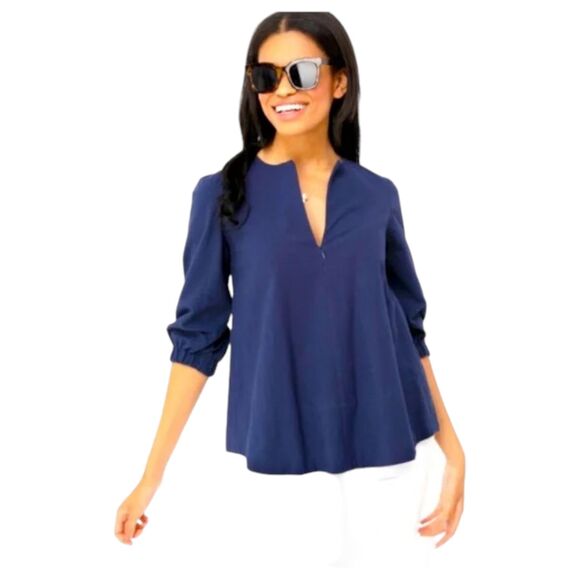 Pomander Place Tuckernuck Kieran Seersucker Blouse Navy Blue Size Small - Picture 3 of 7